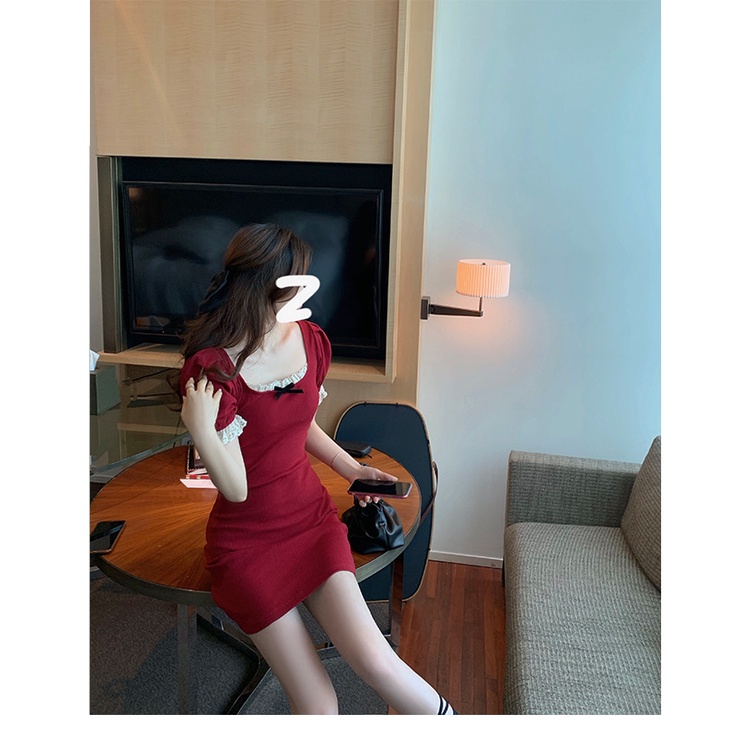 Đầm Ren Dáng Ôm Cổ Vuông Phong Cách Retro Thời Trang Mùa Hè 2022 Cho Nữ