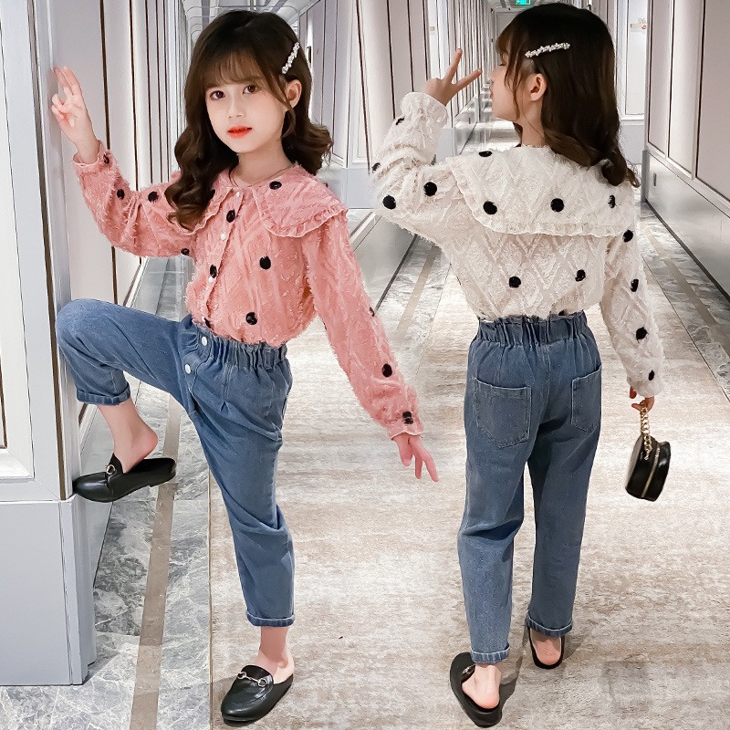 [SALE BV53⚡Size110-160 (12-45kg)⚡Đồ bộ cho bé gái, áo sơ mi + quần jean⚡Thời trang trẻ Em hàng quảng châu freeship