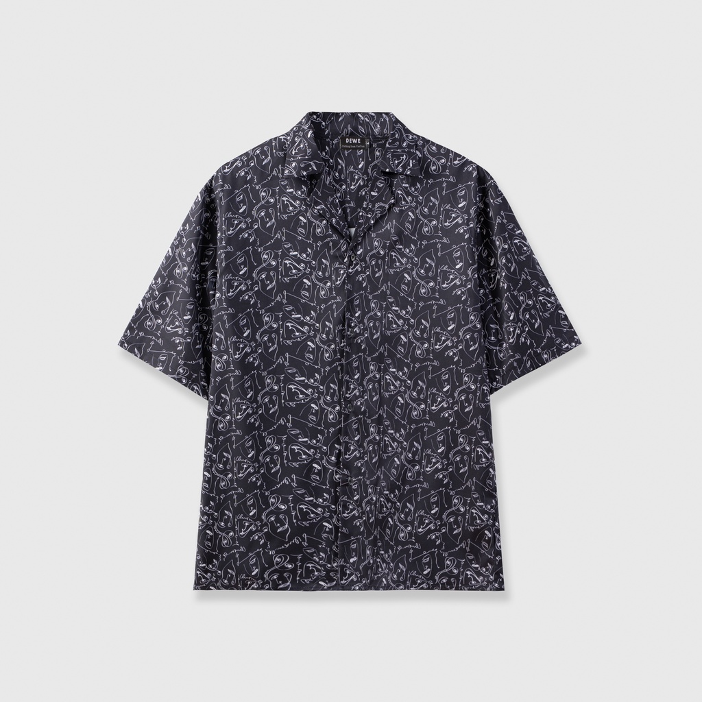 Áo sơ mi nam ngắn tay DEWE, vải lụa nhập khẩu chống nhăn thoáng mát,họa tiết Chữ Trắng - DEWE Cuban Shirt