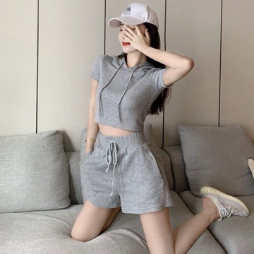 Set áo có mũ bằng cotton ngắn tay + quần short ống rộng thời trang mùa hè cho nữ