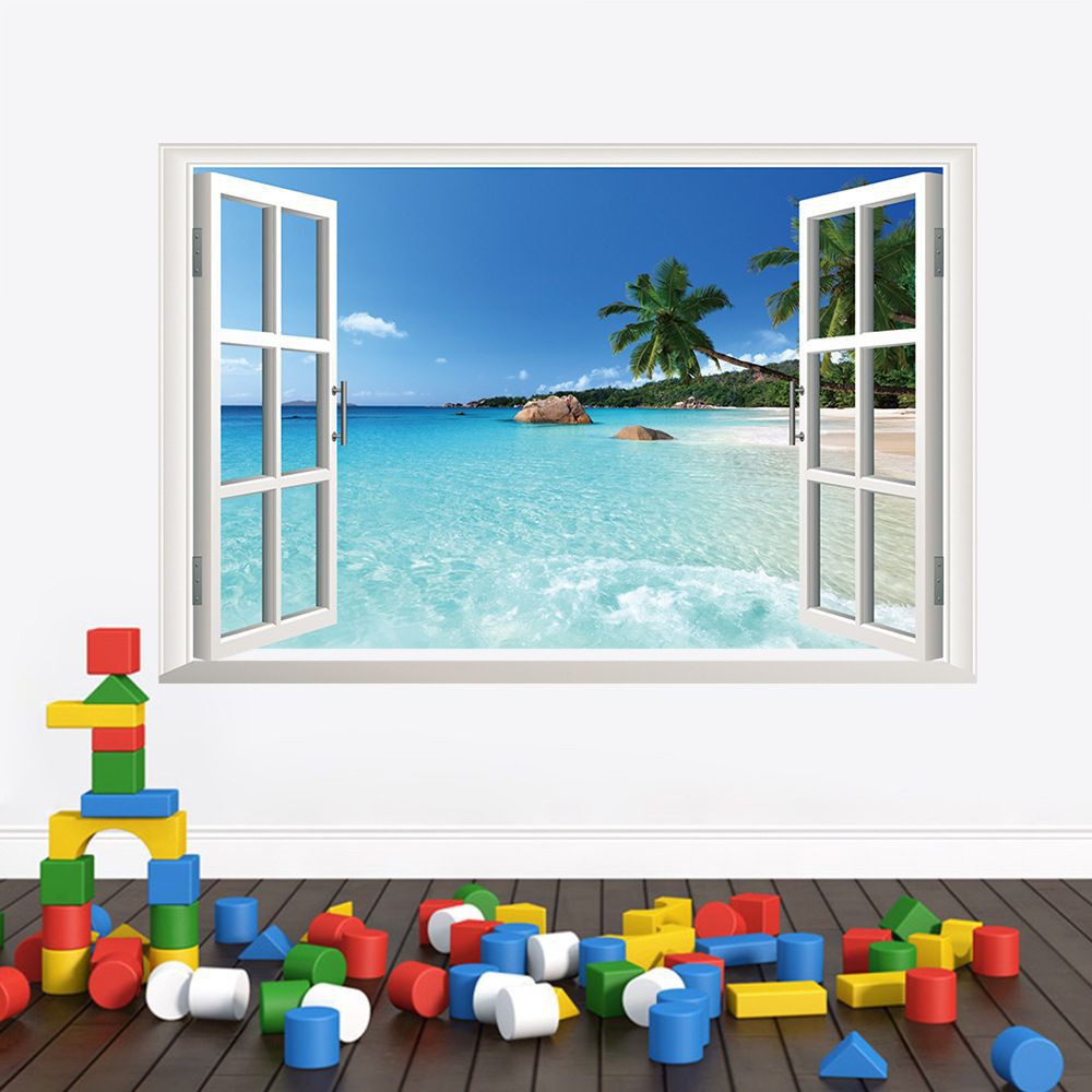 Miếng dán tường 3D hình cửa sổ nhìn ra biển