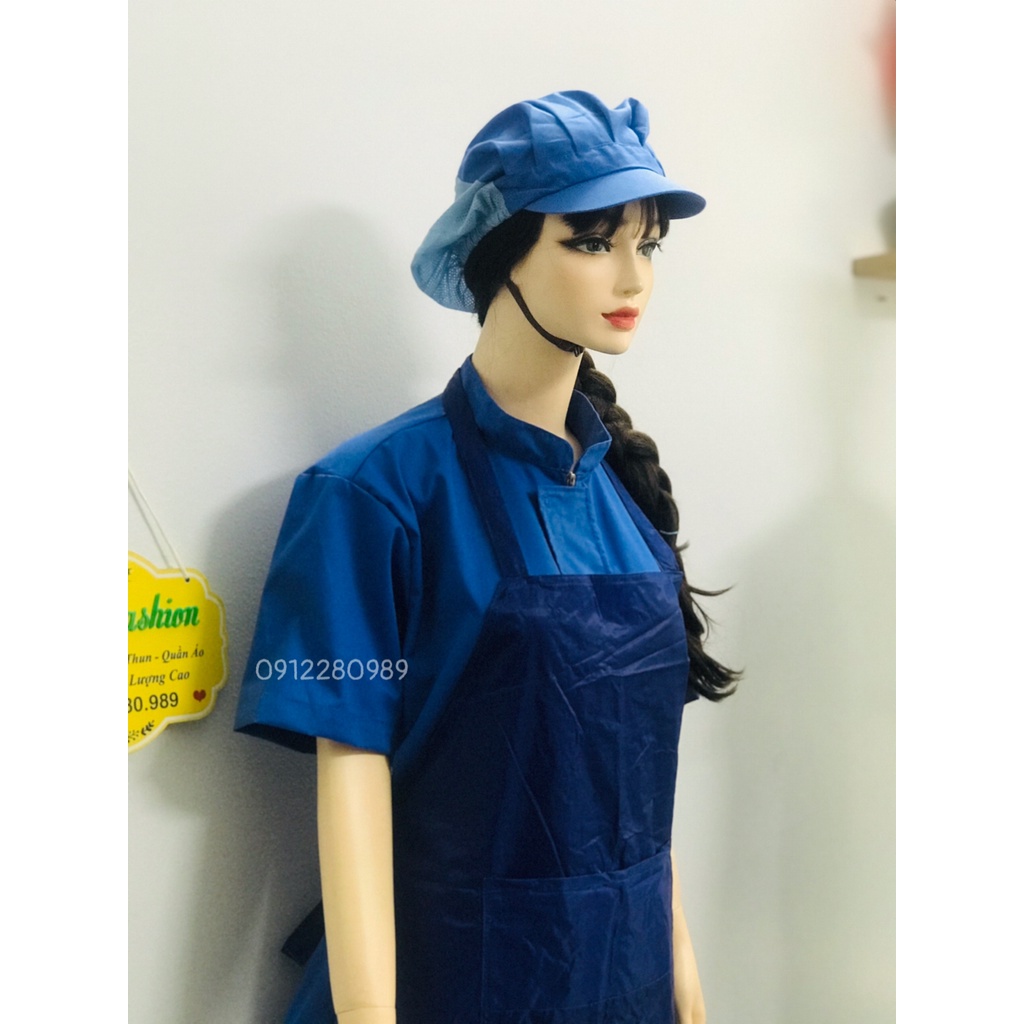 Tạp dề yếm chống thấm nước màu xanh dương dài 1m2 có túi, Tạp dề thủy sản _ Hình chụp thật