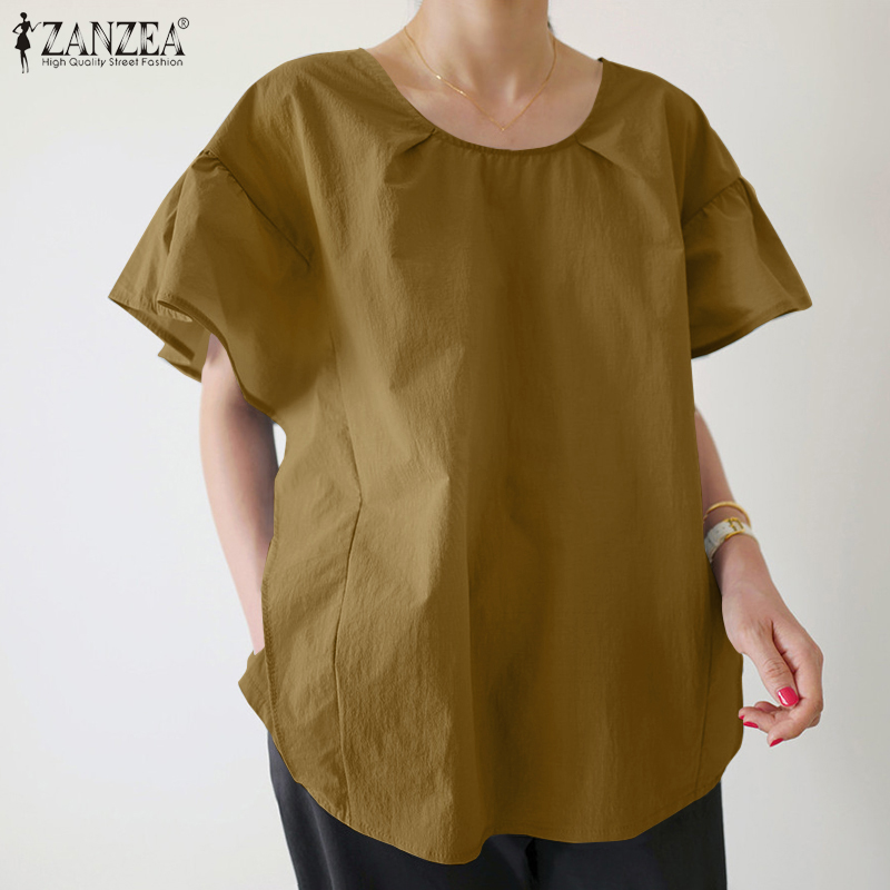 Áo ZANZEA Dáng Rộng Tay Áo Ngắn Phồng Cổ Chữ O Màu Trơn Cho Nữ Giới