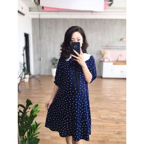 Váy Bầu chấm bi phối cổ bèo trắng V51