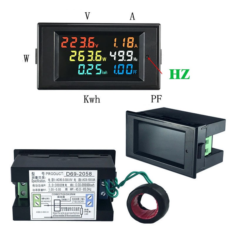 D69-2058 Vôn kế Hệ số công suất hiện tại Hoạt động KWH Máy đo tần số năng lượng điện LCD kỹ thuật số VOLT AMP CT Digital MULTIMETER