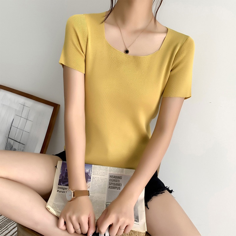 Áo Thun Dệt Kim Tay Ngắn Cổ Vuông Màu Trơn Dáng Ôm Thời Trang Cho Nữ