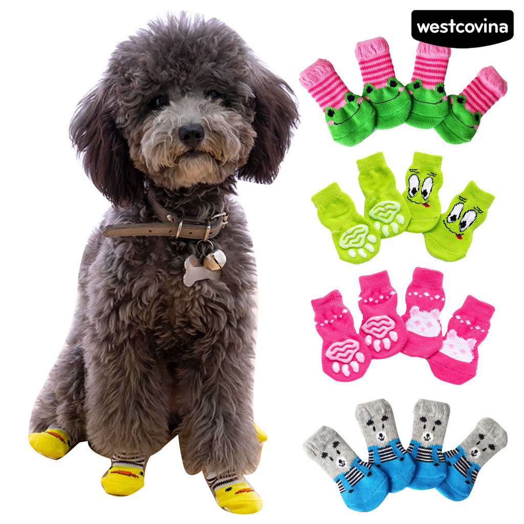 Bộ 4 Đôi Vớ Cotton Giữ Ấm Chống Trượt In Họa Tiết Hoạt Hình Cho Thú Cưng
