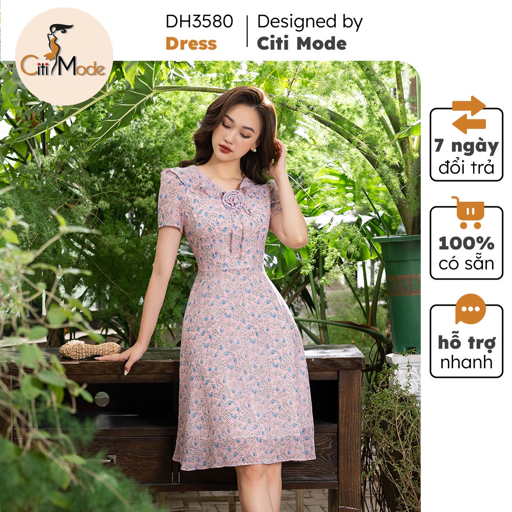 Đầm xòe công sở hoa hồng CITI MODE bèo cổ đính hoa chất Voan cao cấp 2 lớp DH3580