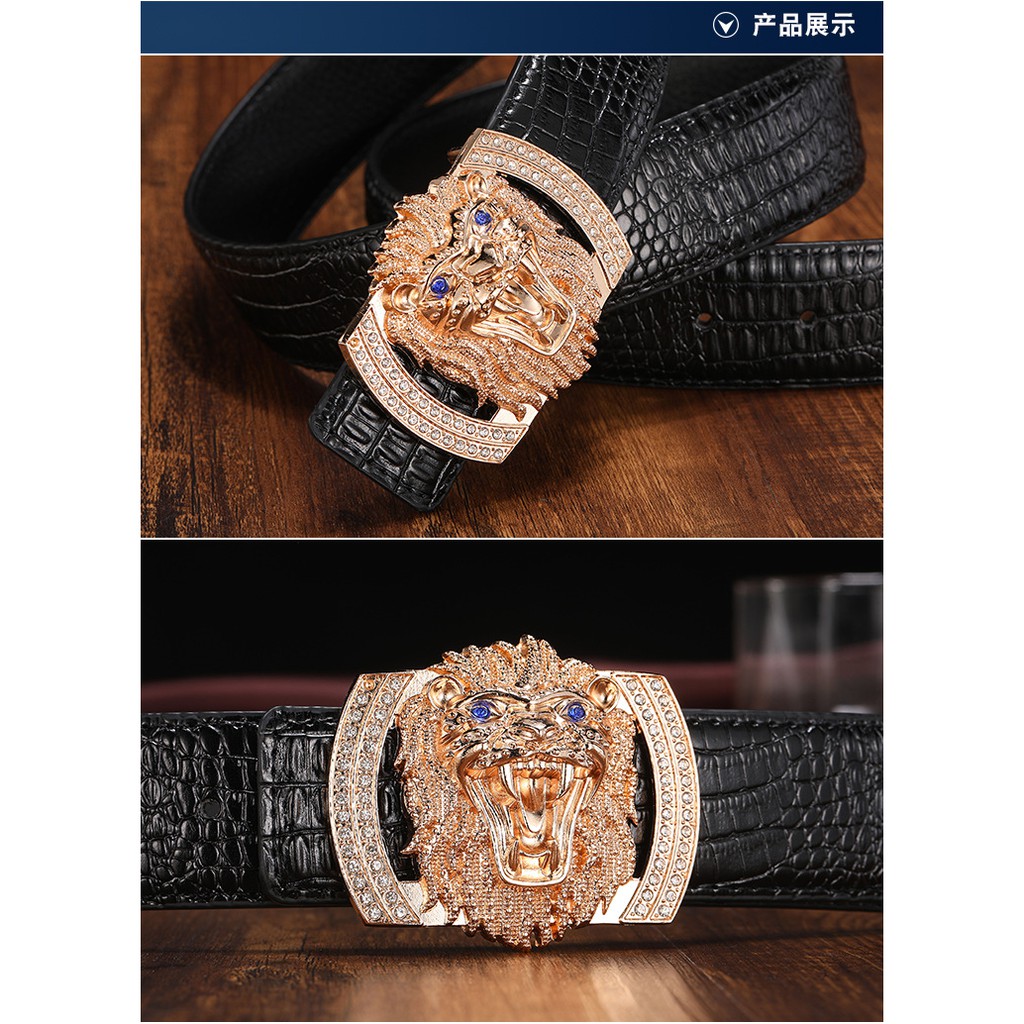 Thắt Lưng Đầu Sư Tử Hợp Kim Đính Đá Cao Cấp, Dây Da Bò Dập Vân Cá Sấu Siêu Ngầu