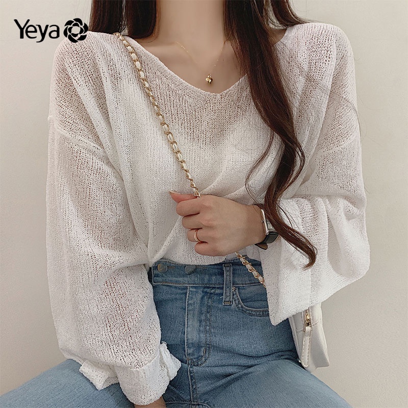 Áo dệt kim YEYA chống nắng tay loe cổ chữ V thắt nơ sau lưng thời trang cho nữ