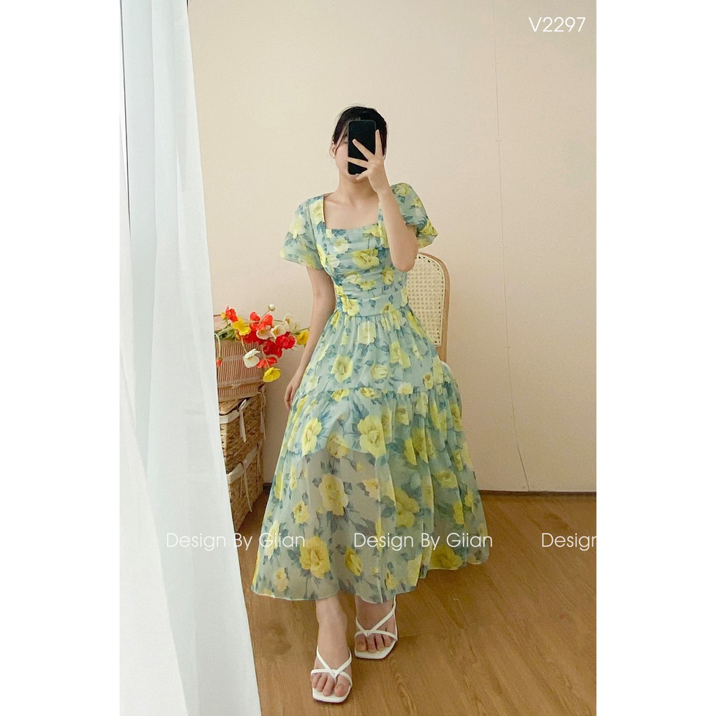 Giian - Váy hoa dáng dài cổ vuông - 𝐌𝐢𝐧𝐚 𝐃𝐫𝐞𝐬𝐬 - thiết kế chính hãng - V2297 | BigBuy360 - bigbuy360.vn