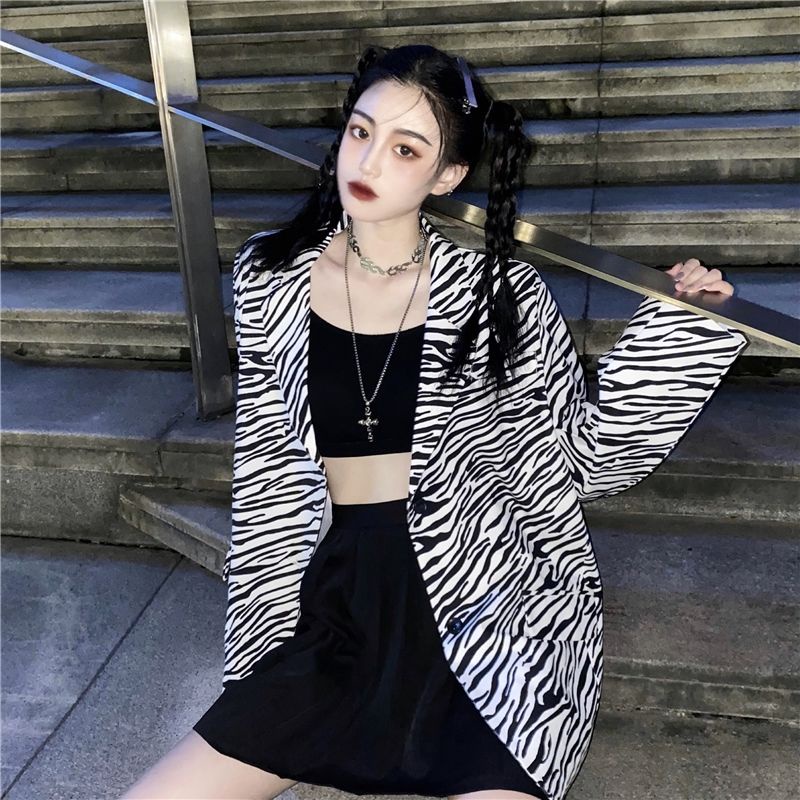 Áo khoác blazer tay dài kẻ sọc ngựa vằn phong cách Hàn Quốc cho nữ