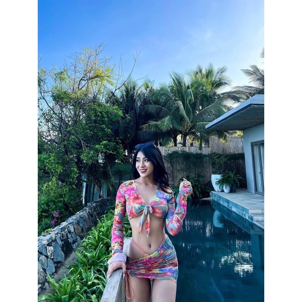 Bikini Đồ bơi nữ áo tay dài quần chip kèm váy hoa vintage sexy siêu Hot 2022