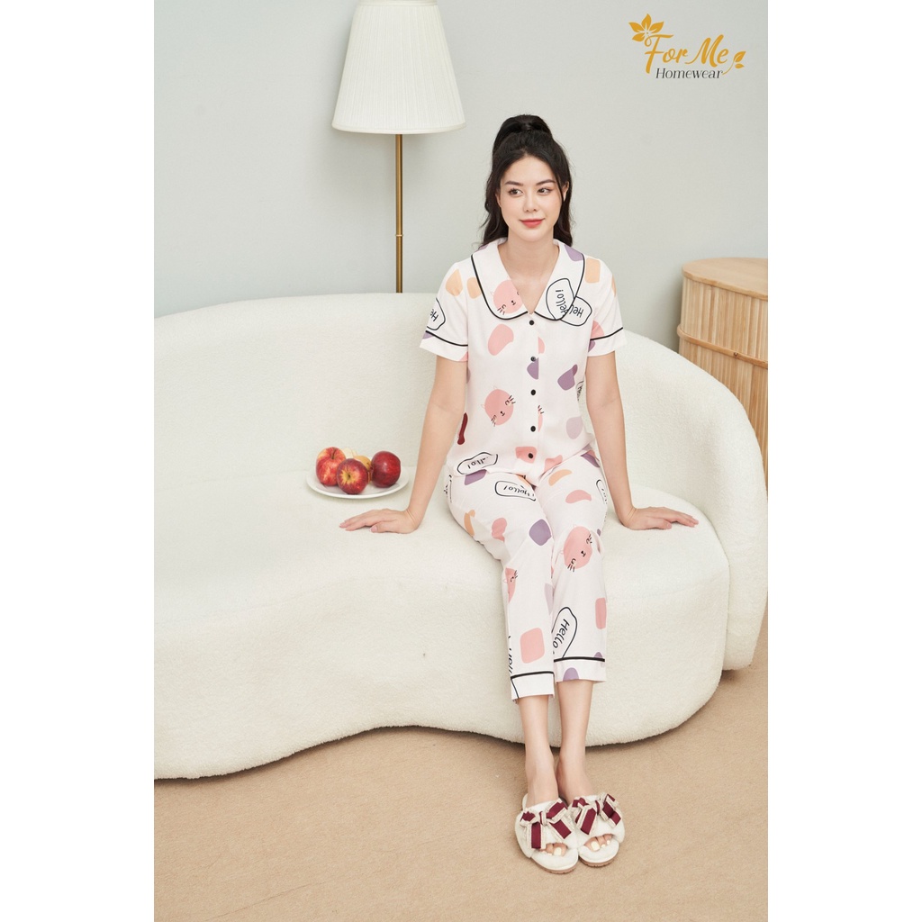 Bộ mặc nhà lụa Hàn Châu cao cấp ngắn tay quần dài Mèo Hello 10, forme pijamas