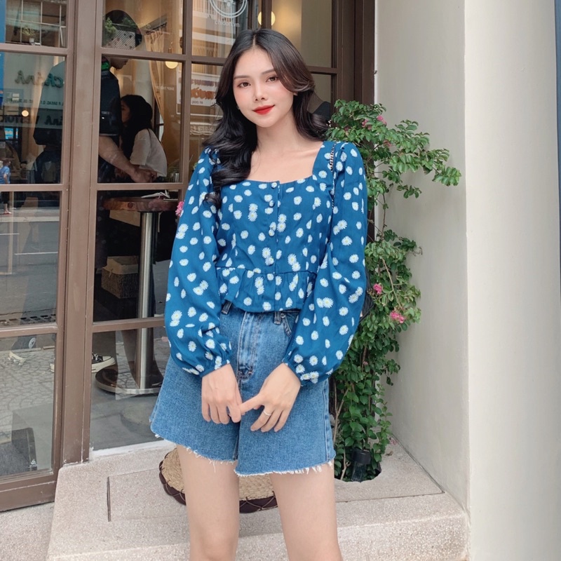Áo hoa nhí tay phồng, LUCETFASHION Remy Top, áo croptop kiểu