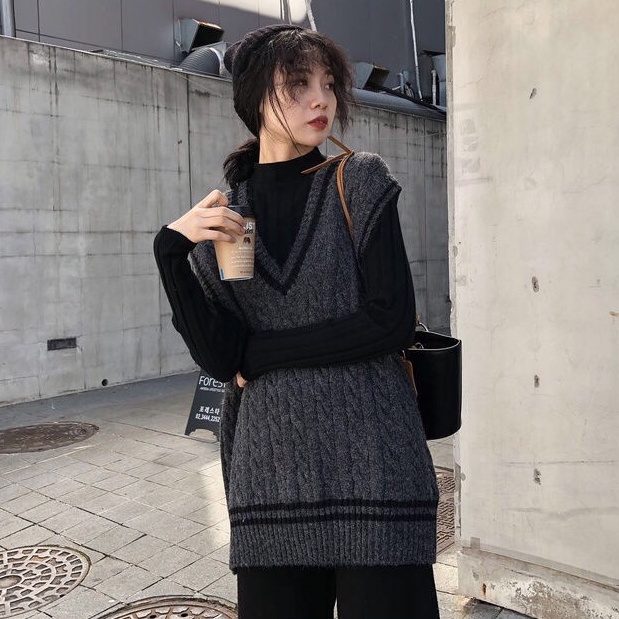 Xiaozhainv Áo dệt kim dáng rộng cổ chữ V không tay phong cách Hàn Quốc thời trang nữ dễ thương | BigBuy360 - bigbuy360.vn