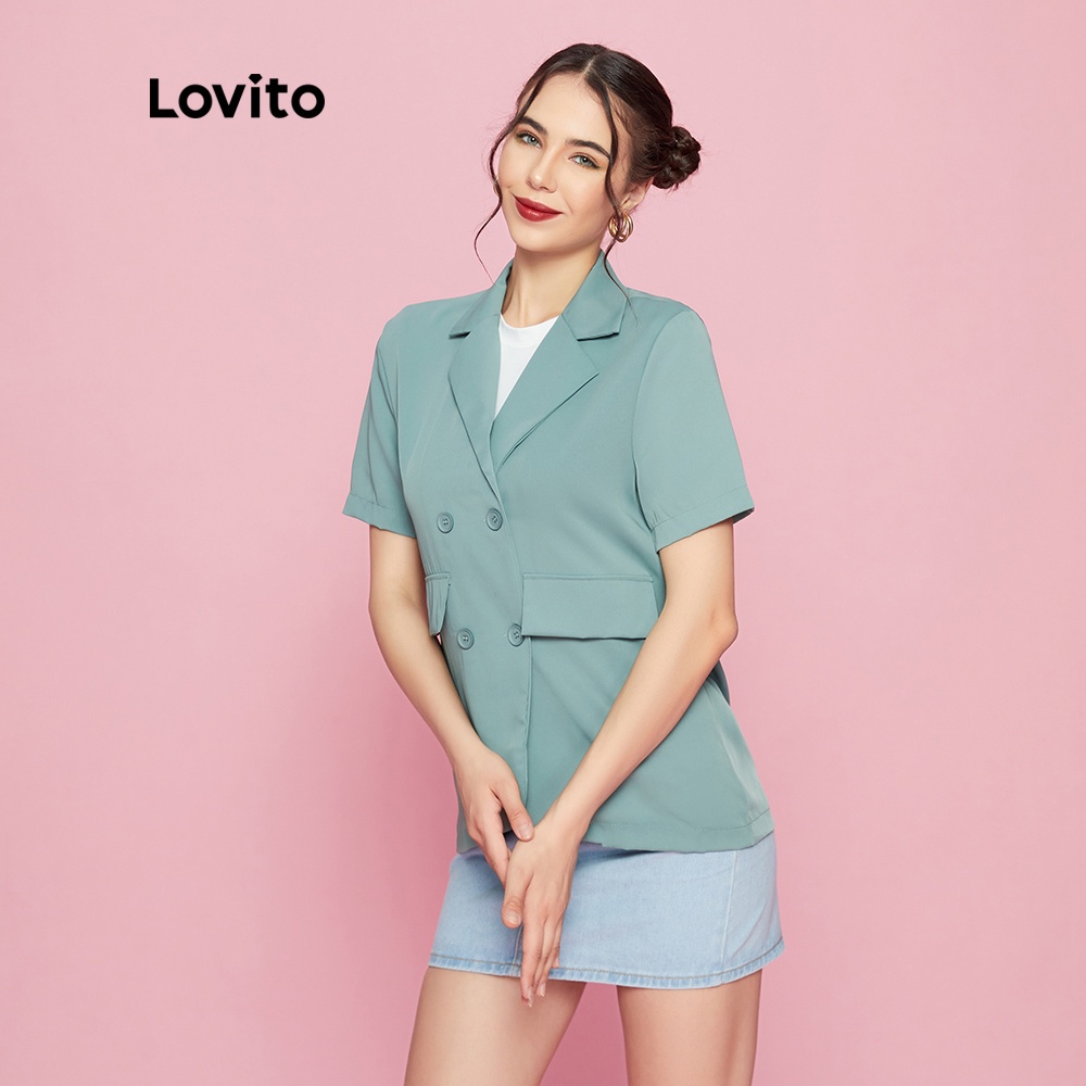 Áo khoác blazer Lovito L09163 tay ngắn dáng rộng màu xanh lá xinh xắn | BigBuy360 - bigbuy360.vn