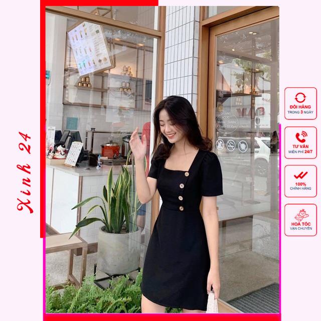 Đầm Nữ Cổ Vuông , Váy Cổ vuông Phối Nút Trẻ Trung đáng yêu | BigBuy360 - bigbuy360.vn