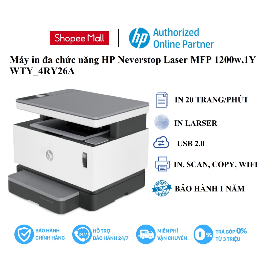 Máy in đa chức năng HP Neverstop Laser MFP 1200w,1Y WTY_4RY26A