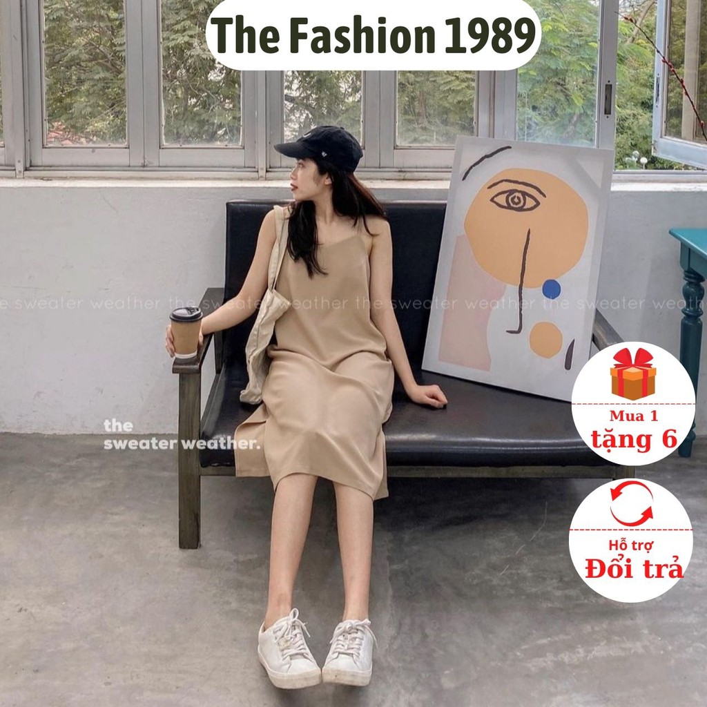 Váy 2 dây, đầm xuông - chất đũi lụa trơn basic nữ