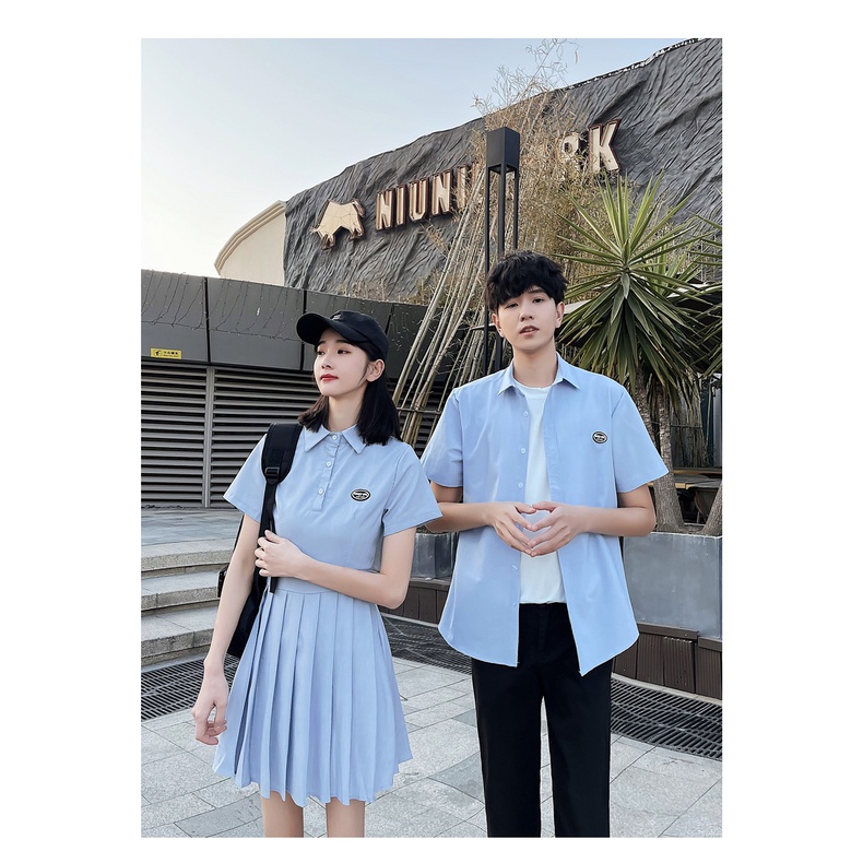 (OSDER) SET ÁO ĐÔI MÀU XANH TRỜI VÀY XÒE XẾP LY VÀ SƠ MI NAM CỘC TAY CỔ ĐỨNG.
