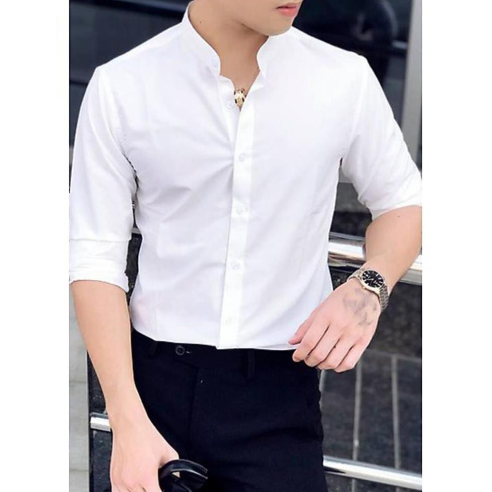 Áo sơ mi cổ tàu nam trắng dài tay công sở cao cấp Hamino chất lụa đẹp form slimfit ôm dáng thời trang Hàn Quốc cổ trụ ôm | BigBuy360 - bigbuy360.vn
