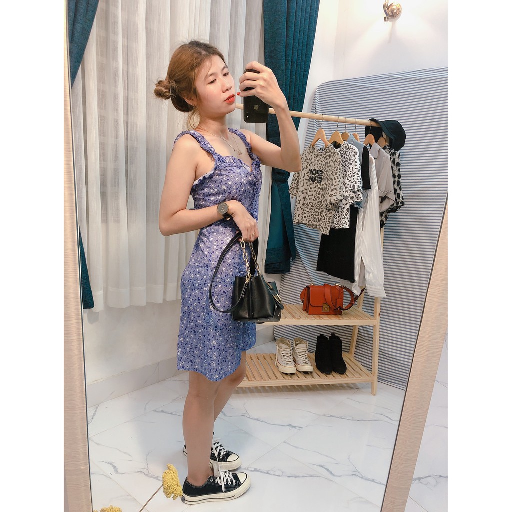 Váy Đầm 2 dây dáng Suông in hoạ tiết Hoa Oải Hương Xinh Xắn thời trang Nữ, vải mềm mịn mát