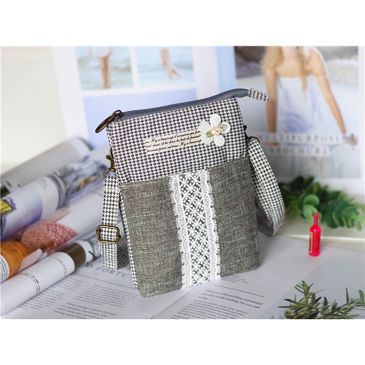 Túi Đựng Điện Thoại/Chìa Khóa/Tiền Bằng Vải Lanh Cotton In Hoa Nhỏ Xinh