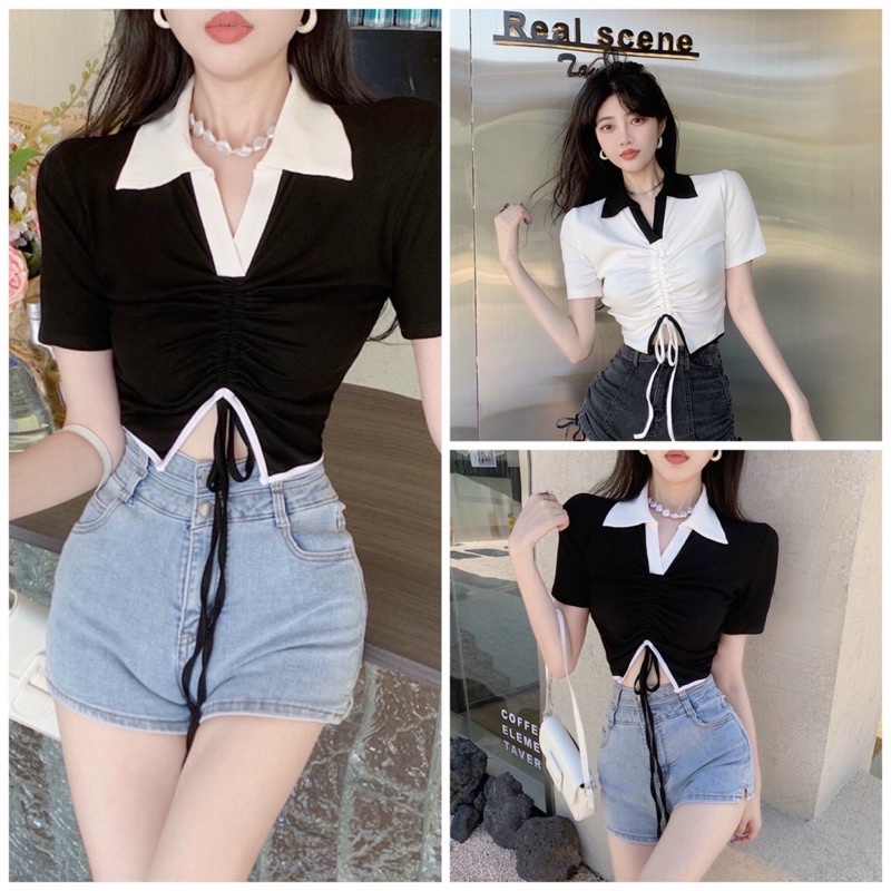 Áo kiểu croptop tay ngắn polo phối chít siêu xinh