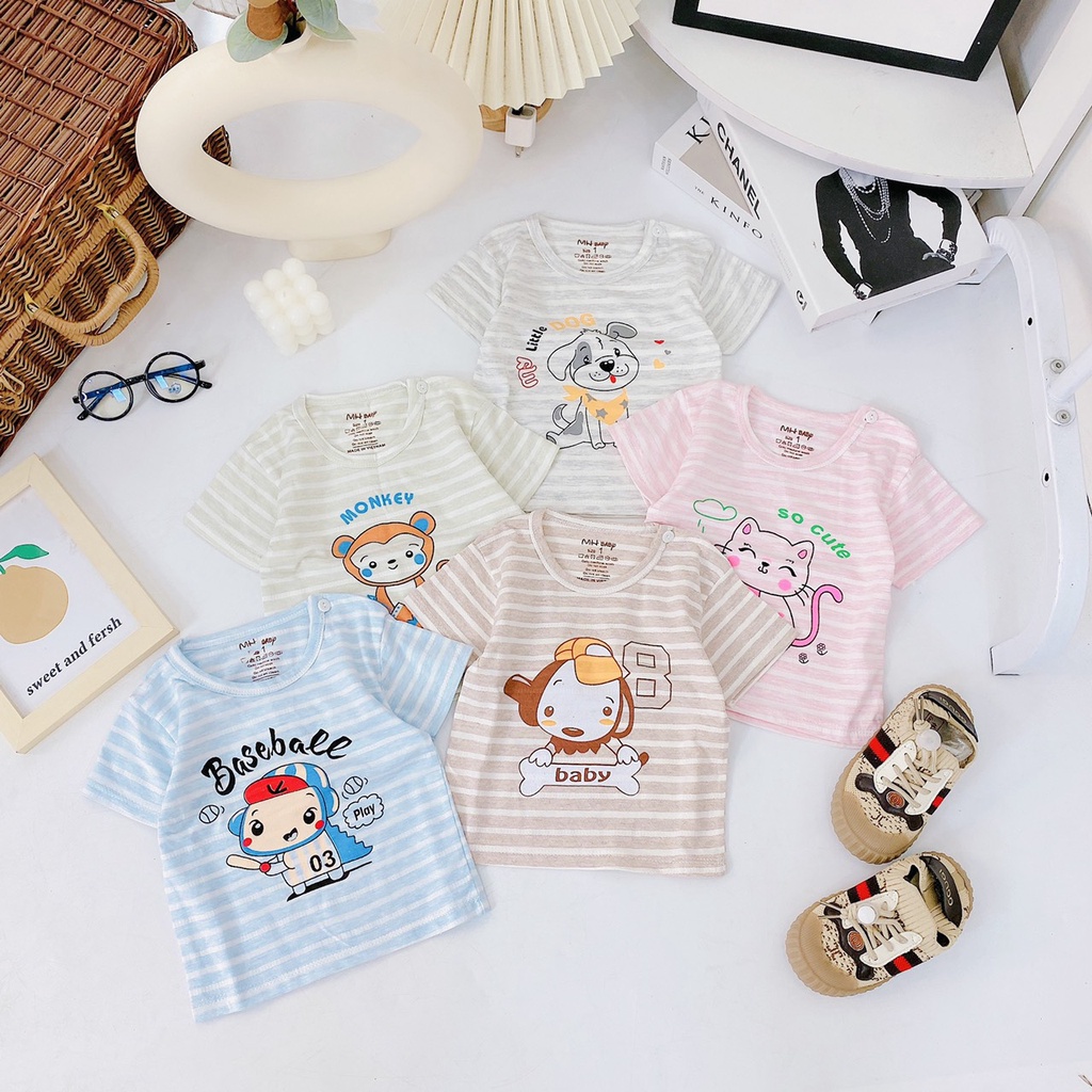 Áo Sơ Sinh Bé Trai, Bé Gái Chất Cotton Mềm Thông Hơi Có Nút Cài Vai Phối Kẻ In Hình, Áo Thun Cộc Tay Cho Bé - AN.KID