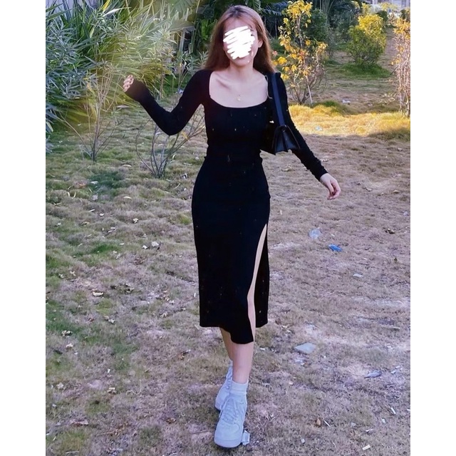 Đầm Dài Thun Ôm Body Tay Dài Xẻ Đùi