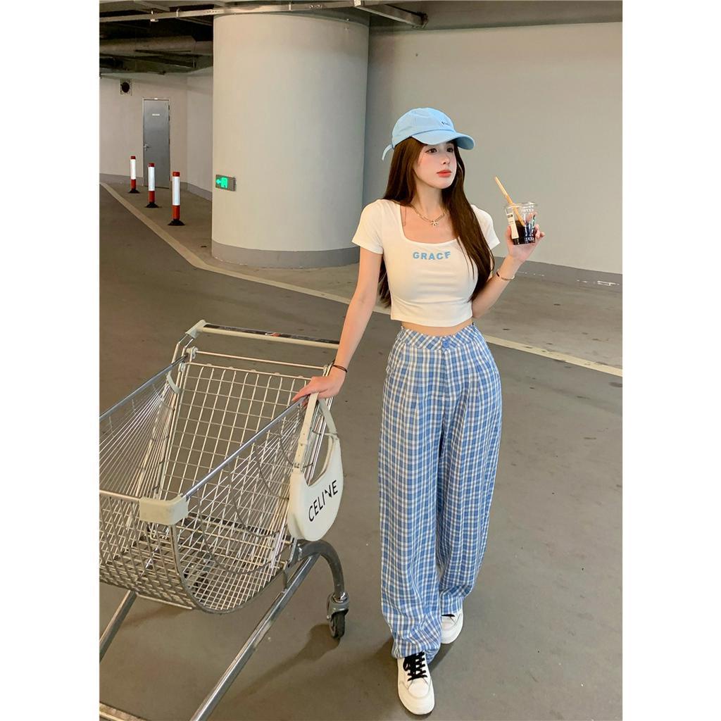 Cocory vn Bộ Áo Thun Ngắn Cổ Tròn In Chữ + Quần Dài Lưng Cao Ống Rộng Họa Tiết Sọc Caro Thời Trang Mùa Hè Phong Cách Hàn Quốc Cho Nữ