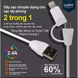 Cáp sạc nhanh 2.4A đa năng 2 in 1 dài 1M ILEPO IL16 Tặng đầu TypeC 25K