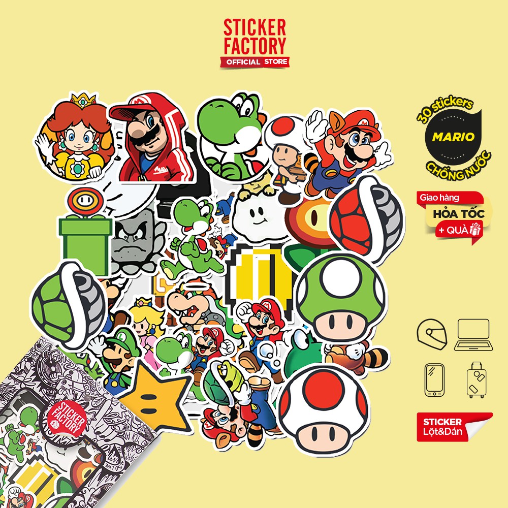 Mario - Hộp set 30 sticker decal hình dán nón bảo hiểm , laptop, xe máy, ô tô STICKER FACTORY