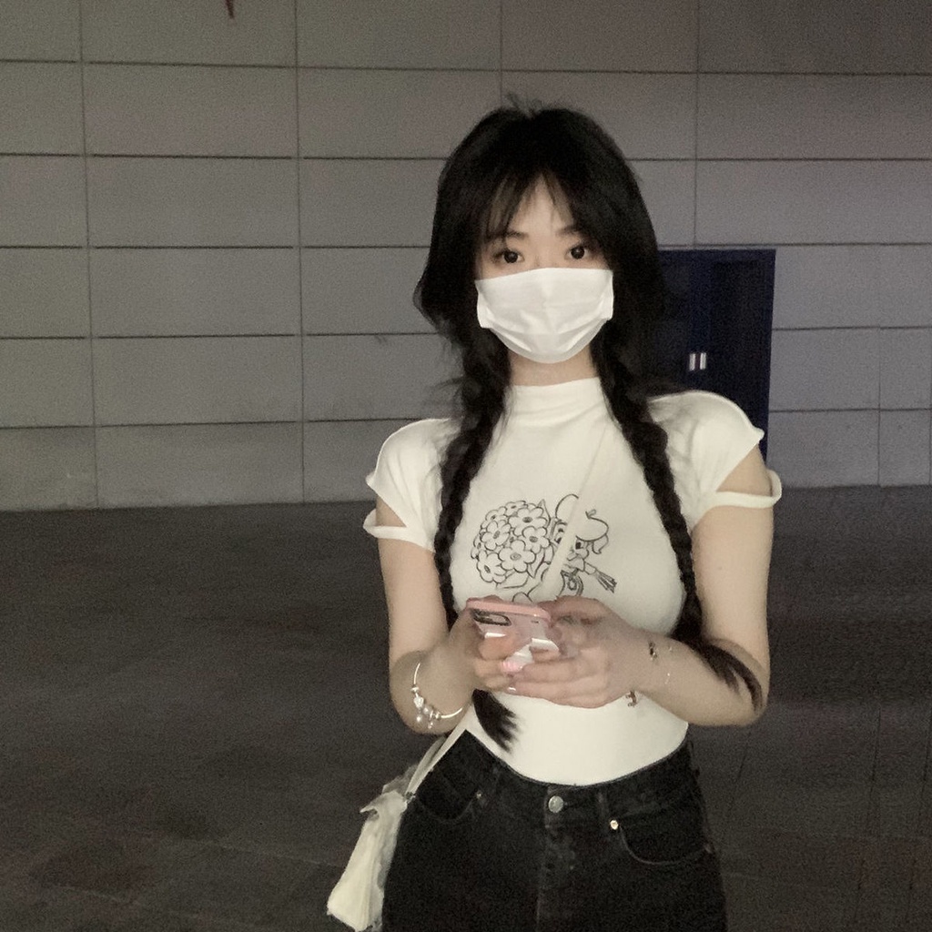 ✺■Áo Thun Tay Ngắn Dáng Ôm In Hình Chú Chó Màu Trắng Đen Phong Cách Hàn Quốc Thời Trang Mùa Hè Cho Nữ