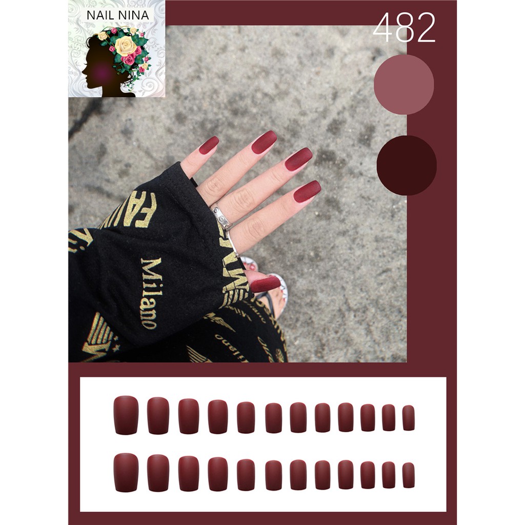 Bộ 24 móng tay giả Nail Nina hoạ tiết màu mận chín mã 482【Tặng kèm dụng cụ lắp】