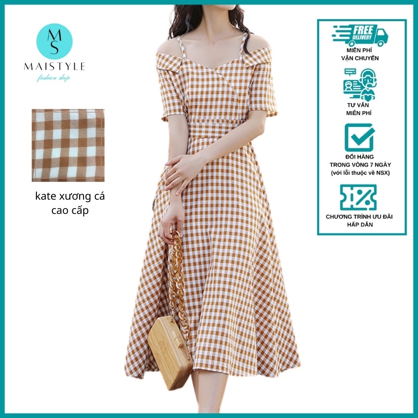 Đầm caro MAISTYLE Váy caro 2 dây tiểu thư trễ vai xinh đầm hai dây bánh bèo dáng dài đẹp xòe đi chơi tết dễ thương | BigBuy360 - bigbuy360.vn