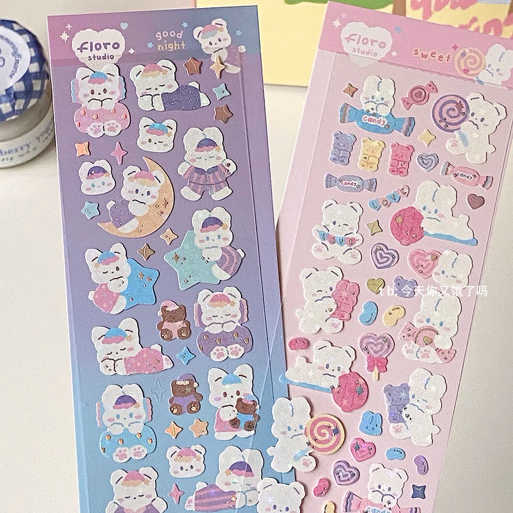 Sticker gấu mặt trăng cầu vồng, xanh hồng, pastel trang trí keyring, sổ tay, bullet journal, top loader decor
