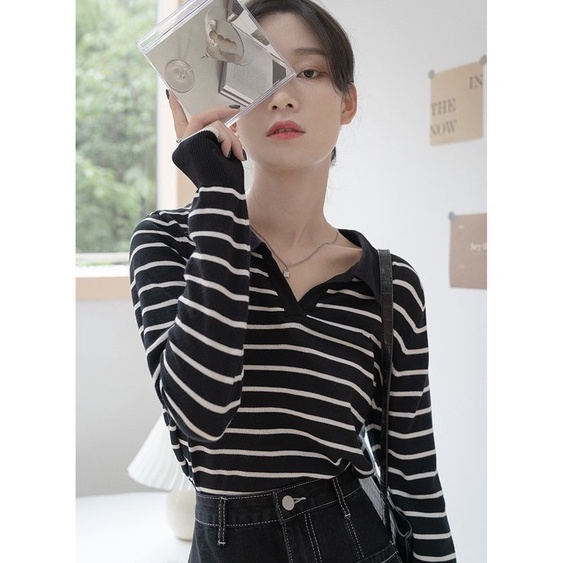 Áo Sweater  len cổ polo nữ dài tay kẻ ngang,  Thun Dệt Kim Tay Dài Cổ Chữ V Dáng Rộng Hàn Quốc  sọc ngang | BigBuy360 - bigbuy360.vn