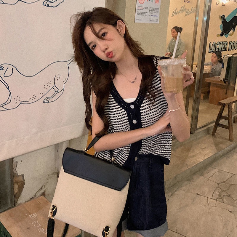 Áo Khoác Cardigan Không Tay Cắt Xẻ Bằng Lụa Băng Kẻ Sọc Thời Trang Mùa Hè Mới Ngọt Ngào Cho Nữ Ins Spicy Pure Desire