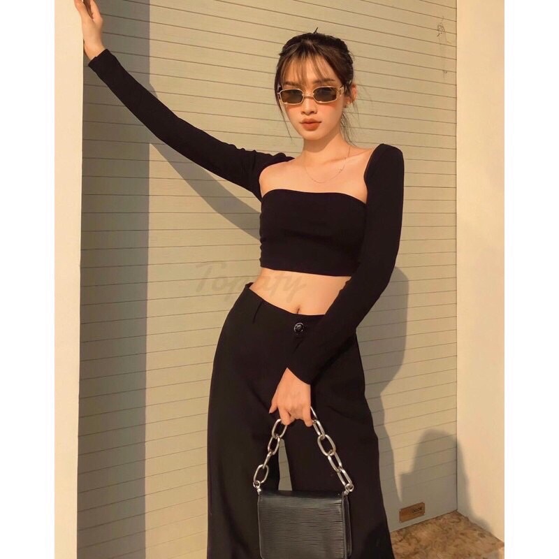 Áo kiểu croptop tay dài cổ giống siêu quyến rũ