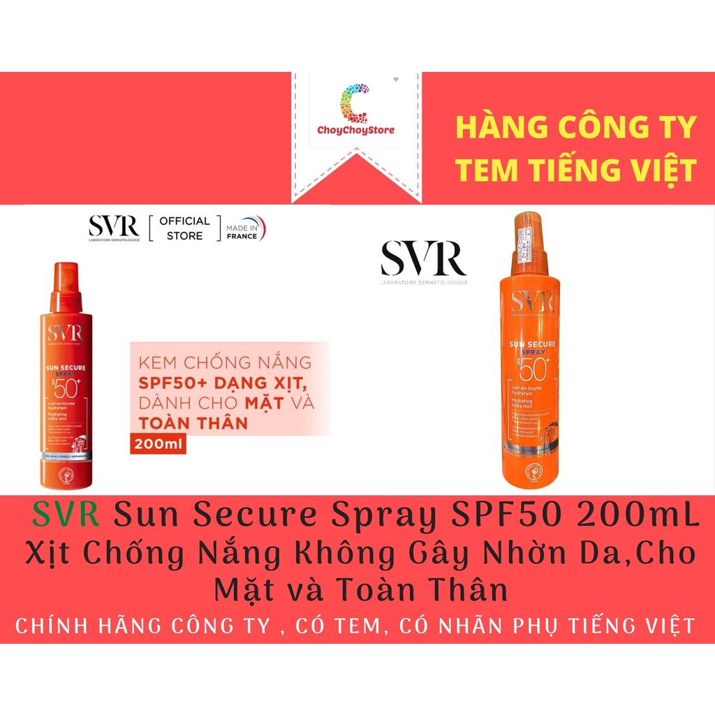 [TEM VIỆT NỮ] Kem Chống Nắng SVR Sun Secure Spray SPF50+ 200mL -  Dạng Xịt Cho Mặt và Toàn Thân