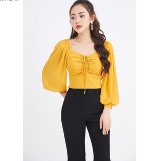 Áo sơ mi nữ 92WEAR đủ size, cổ trễ buộc nơ ngực ASA1306