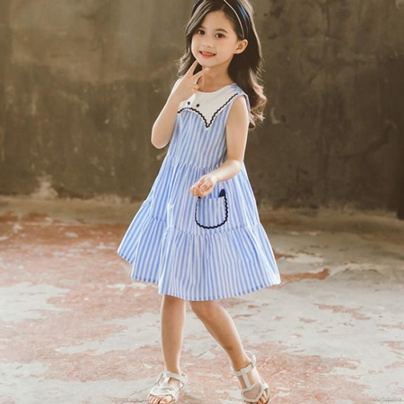 Đầm Bé Gái Từ 3-12 Tuổi Cổ Bèo Họa Tiết Sọc Dọc