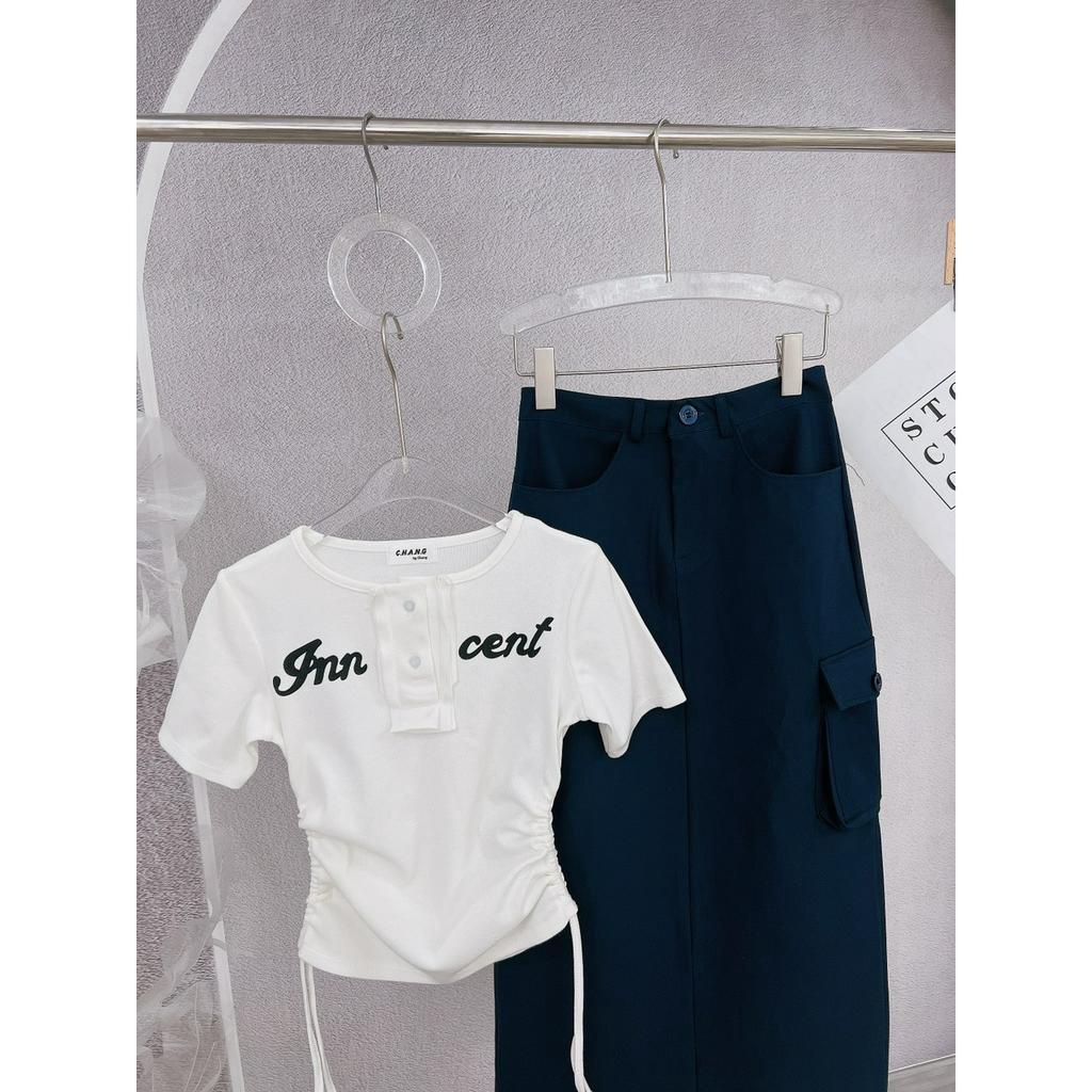 SET ÁO CROPTOP CỔ V XẺ RÚT DÂY CHỮ + CHÂN VÁY XANH MỰC TÚI HỘP (TH)