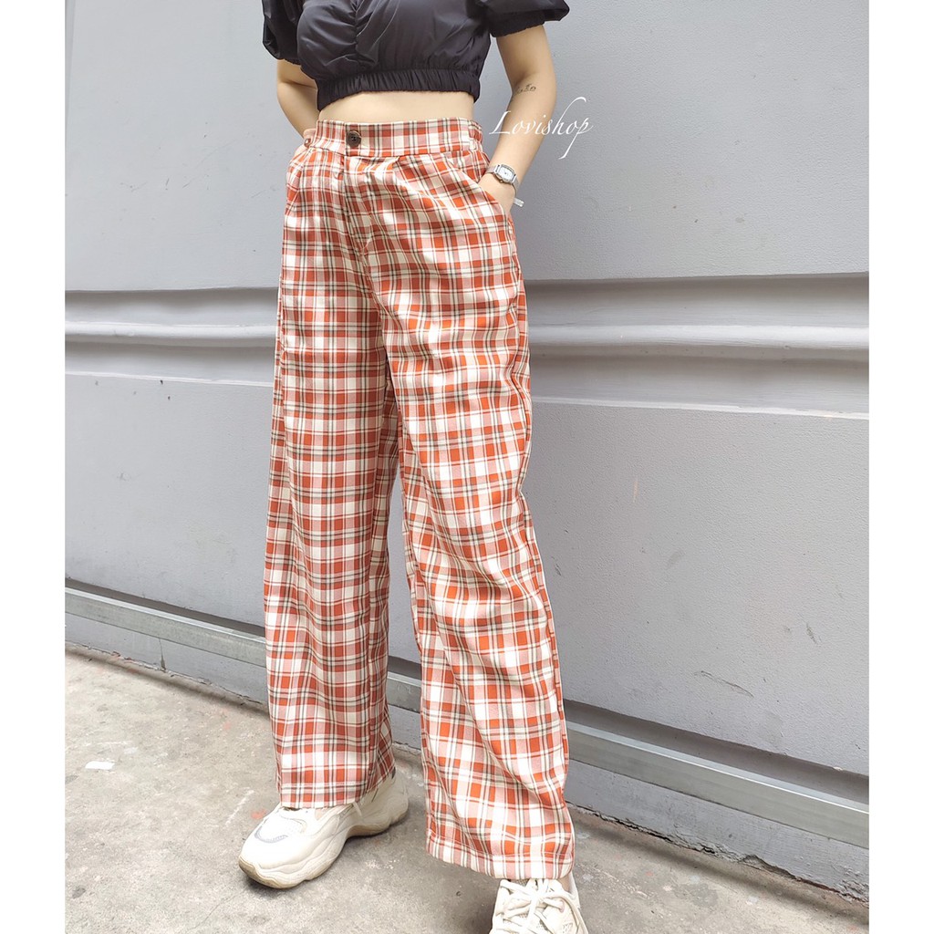 Quần caro dài lưng thun sau nút giả 2 túi Lovi