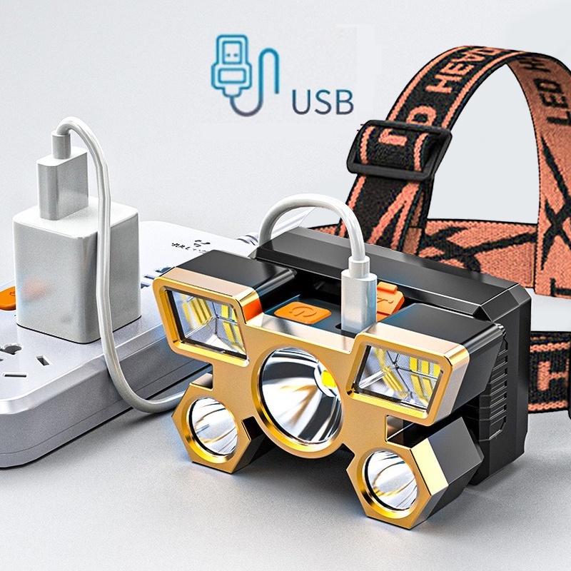 Đèn Led Đeo Đầu 5 Bóng Pin 18650 Có Thể Sạc Lại Bằng Cổng USB Dùng Khi Cắm Trại Ngoài Trời