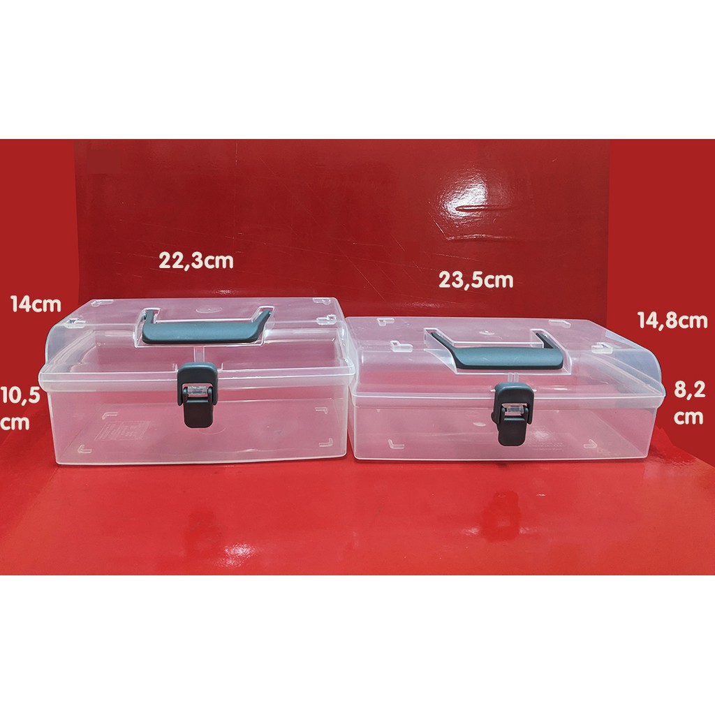 Hộp nhựa đựng đồ trong suốt, hộp đựng dụng cụ, nắp cài, quai xách Thái sx 23,5x14,8cm cao 8,2cm hay 22,3x14x10,5cm. D802