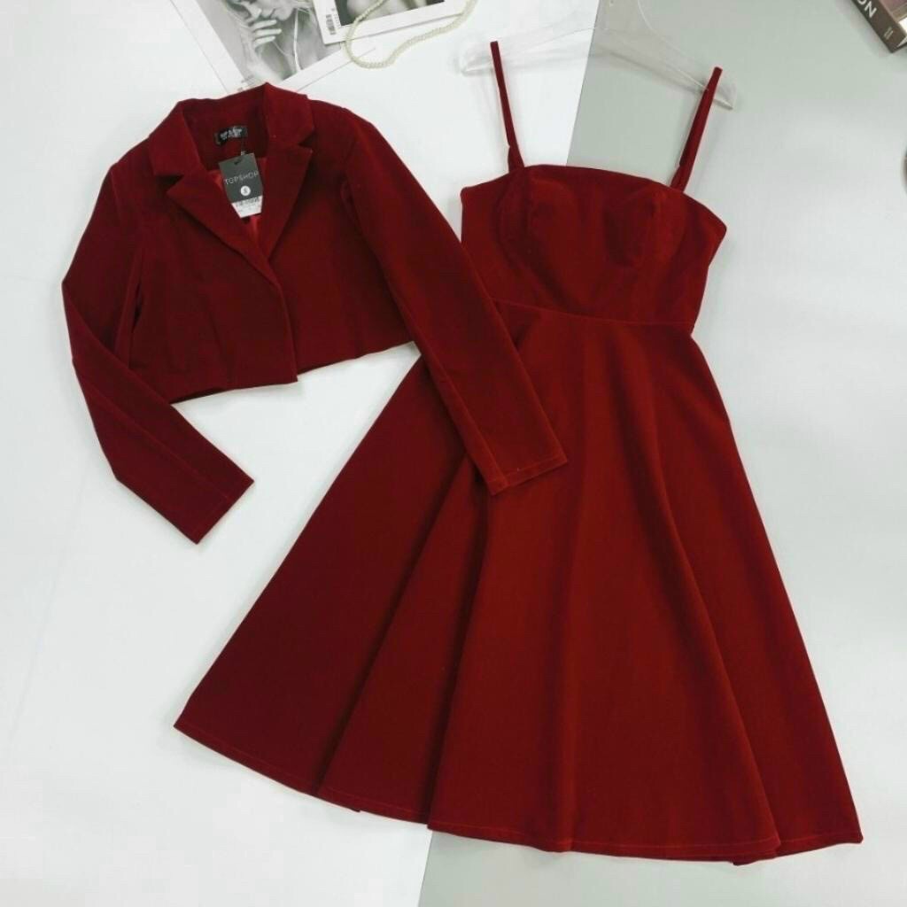 Set Váy Nữ Thiết Kế 2 Dây Dáng Xòe Kèm Áo Khoác Vest Dự Tiệc Sang Chảnh Duyên Dáng Thời Trang Đầm Xm Minh Phúc