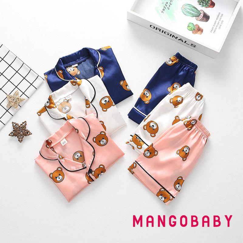 ♬MG♪-Children Cartoon Bear Two-piece Pajamas Girls Short Sleeve Lapel Top with Button Elastic Waistband Shorts Set